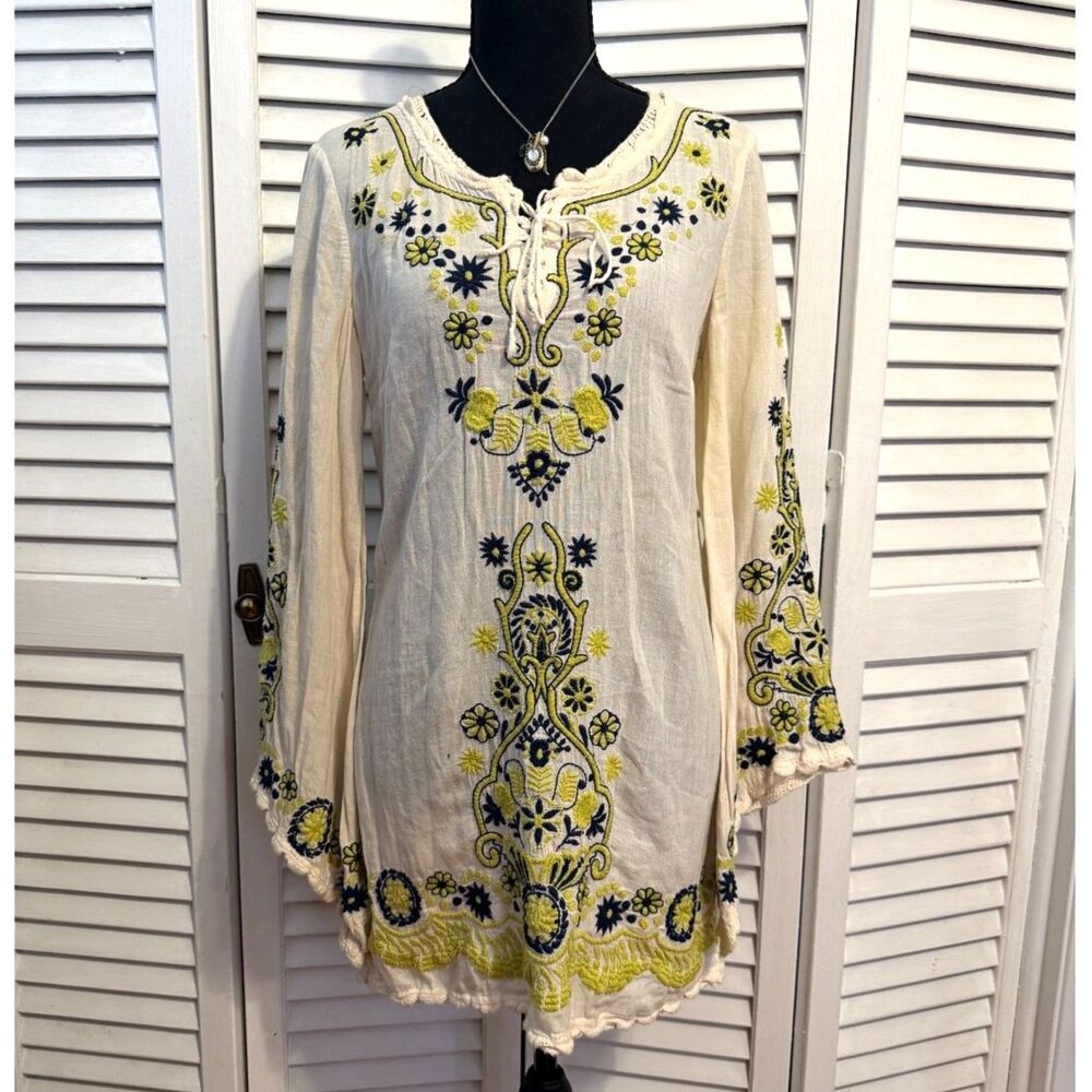 Free People Embroidered Bell Sleeve Mini Tunic Dress Size 4 Boho Fairy Cottage